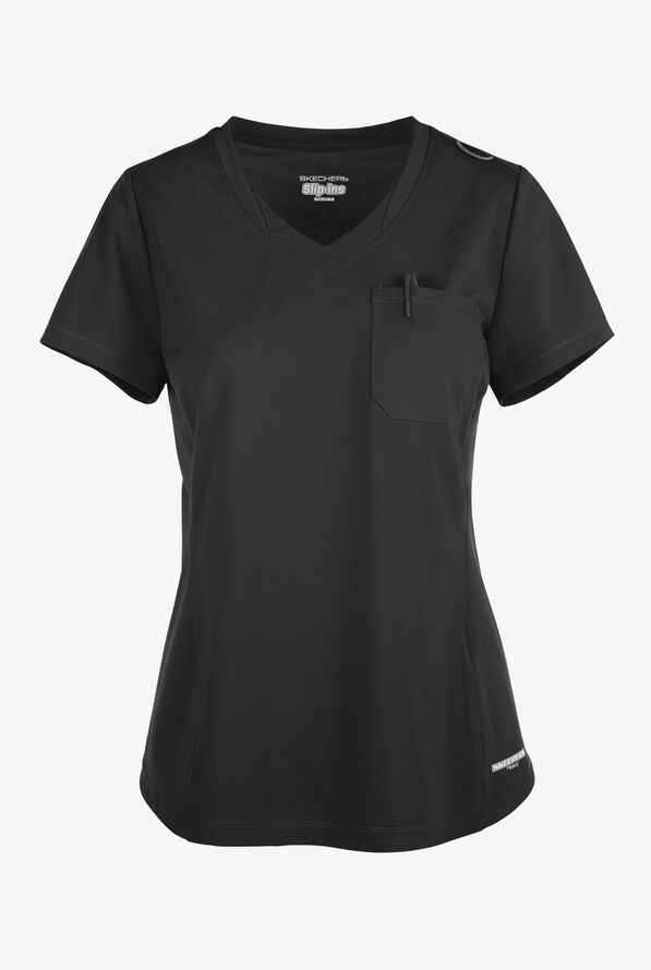 Skechers by Barco Slip-ins Flow Women's 1-Pocket STRETCH Tulip Hem Tuck In V-Neck Scrub Top - Black - 1