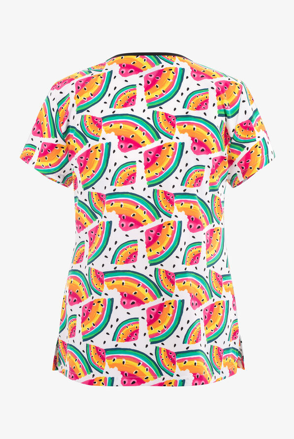 Med Couture Watercolor Watermelon Women's 2-Pocket STRETCH V-Neck Print Scrub Top - null - 2