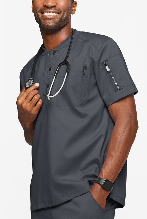 Advantage STRETCH Men's 2-Pocket Short Sleeve Henley Scrub Top - Pewter - 2