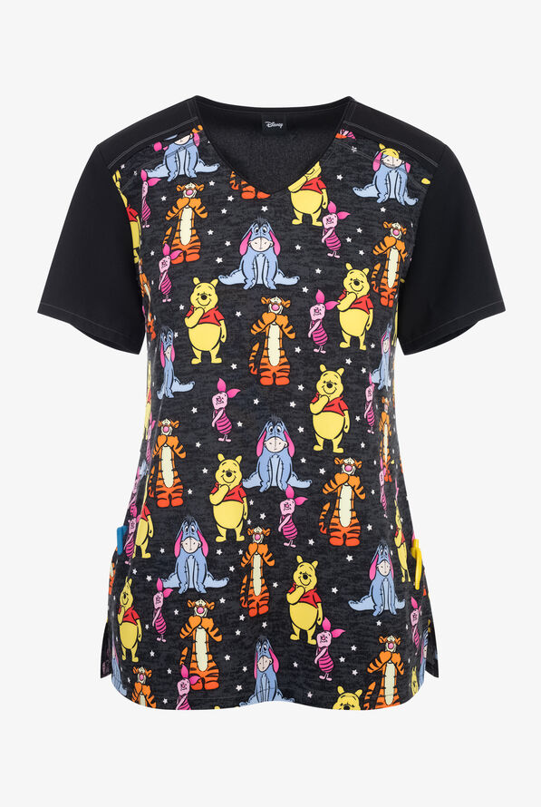 Tooniforms Disney's Hundred Acre Stars Women's 2-Pocket STRETCH V-Neck Print Scrub Top - null - 1