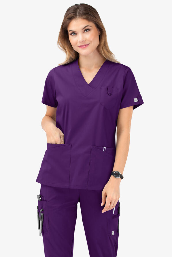 Butter-Soft STRETCH Women's 6-Pocket V-Neck Scrub Top - Eggplant - 8
