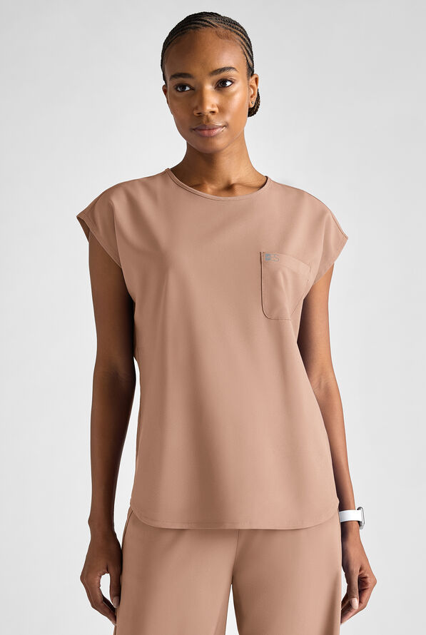 Blusa m&eacute;dica Easy STRETCH Gracie con cuello redondo y mangas dolm&aacute;n para mujer - Warm Terrazzo - 8