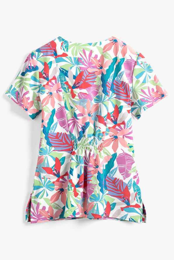 White Cross Hawaiian Flowers Women's 2-Pocket V-Neck Print Scrub Top - null - 2