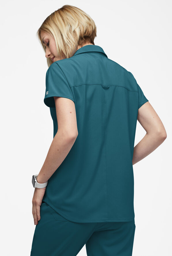 Easy STRETCH LEA Women's 3-Pocket Polo Collar Scrub Top - Caribbean Blue - 4