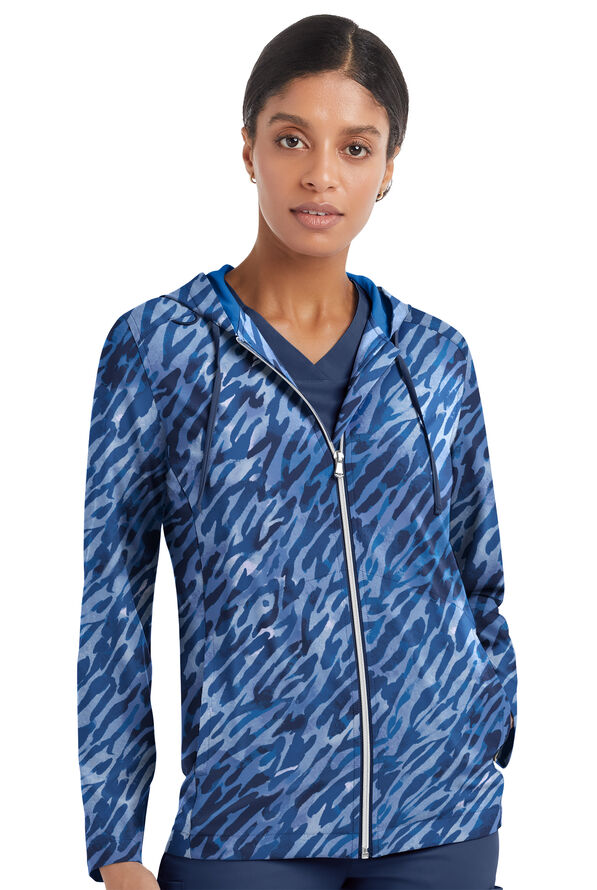 Tafford Active STRETCH Abstract Animal Navy Women's 5-Pocket Zip-Front Print Scrub Hoodie - null - 2