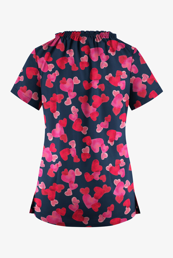 Butter-Soft STRETCH Forever Love Navy Women's 6-Pocket Peasant Style Print Scrub Top - null - 2