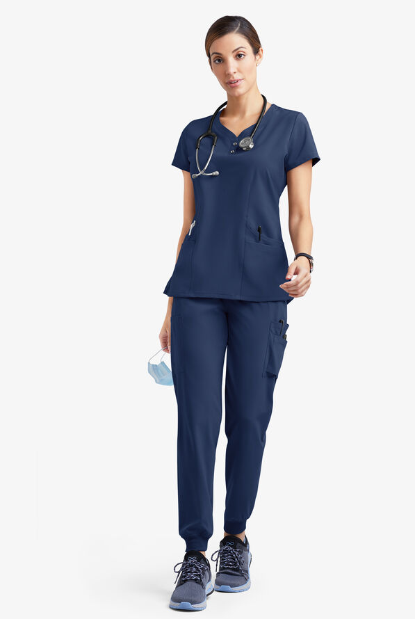 Easy STRETCH Demi Women's 4-Pocket Henley Scrub Top - Navy - 2