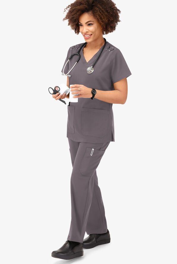 Easy STRETCH Leila Women's 3-Pocket Lace Up Grommet Scrub Top - Grey Stone - 6