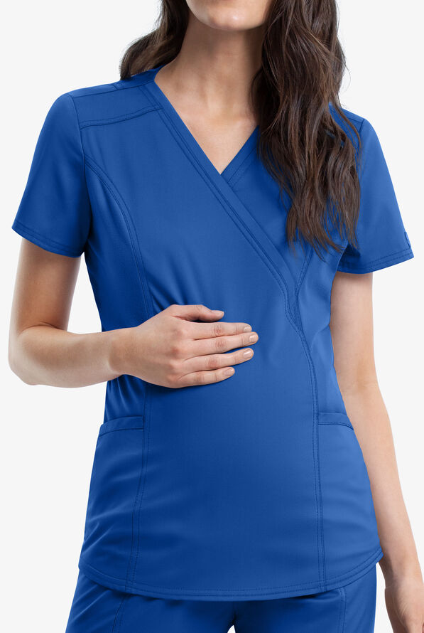 Cherokee Workwear Revolution Women's 2-Pocket STRETCH Maternity Mock Wrap Scrub Top - Royal - 1