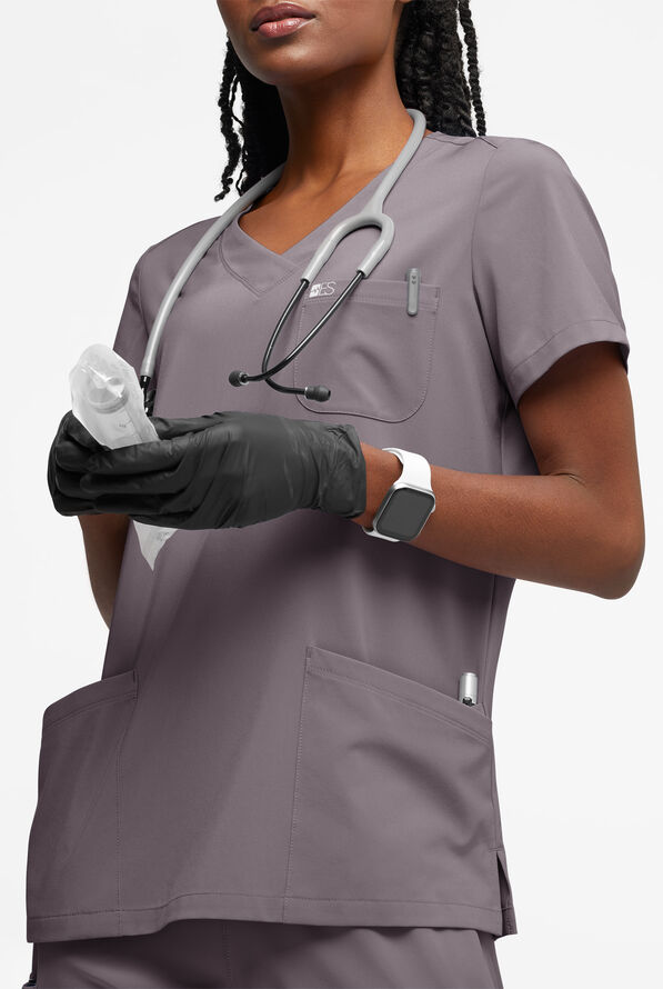 Easy STRETCH Tessa Women's 5-Pocket V-Neck Scrub Top - Grey Stone - 2