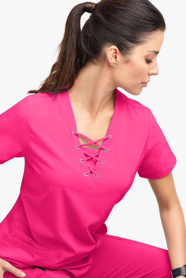Easy STRETCH Gisele Women's 4-Pocket Lace Up V-Neck Scrub Top - Reactive Pink - 5