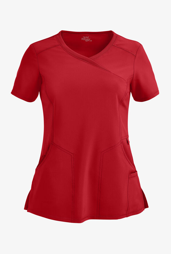 Infinity Women's 4-Pocket STRETCH Mock Wrap Scrub Top - Red - 1