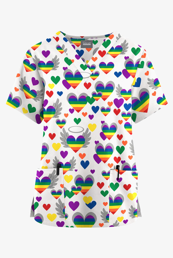Butter-Soft Originals Free Hearts White Women's 2-Pocket V-Neck Print Scrub Top - null - 1