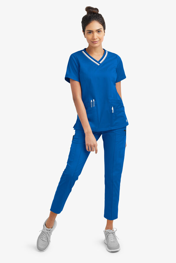 Butter-Soft STRETCH Women's 5-Pocket Short Sleeve V-Neck with Sport Trim Detail Scrub Top - Royal - 2