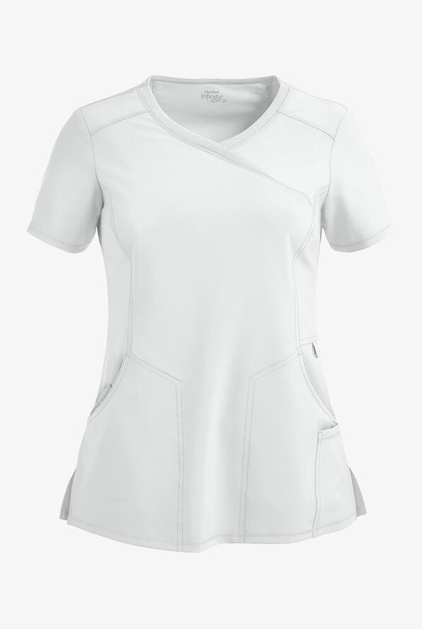 Infinity Women's 4-Pocket STRETCH Mock Wrap Scrub Top - White - 1