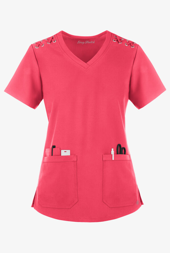 Blusa médica Easy STRETCH Leila con ojales y lazos para mujer - Bright Watermelon - 1
