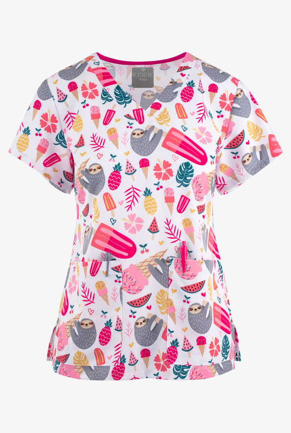 Med Couture Sloth Party Animal Women's 2-Pocket STRETCH V-Neck Print Scrub Top - null - 1