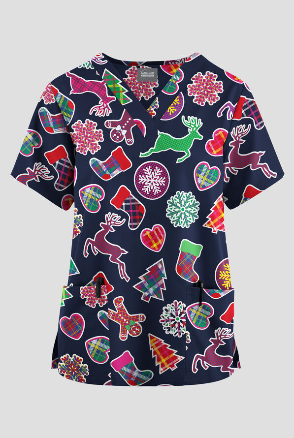 Blusa médica estampada Butter-soft Originals Christmas Tartan Navy con cuello en V y 2 bolsillos para mujer - null - 1