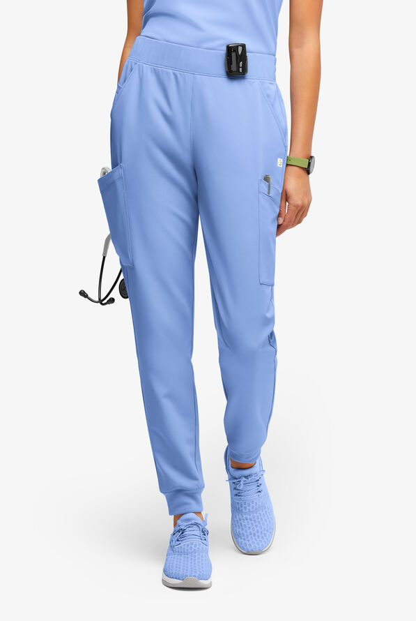 ReSurge Amber Women's Modern 7-Pocket Flat Front Slim Leg Jogger Scrub Pants - Petite - Ceil Blue - 1