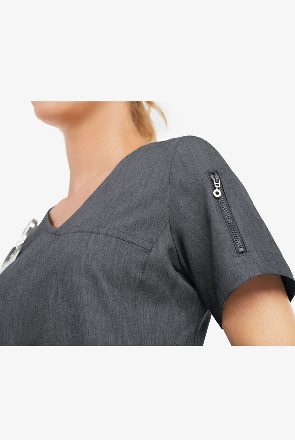 Blusa médica MOVEMENT by Butter-Soft Capella estilo cruzado con 5 bolsillos para mujer - Charcoal Heather - 7