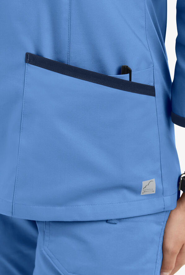 Butter-Soft STRETCH Women's 4-Pocket 3/4" Sleeve  Zip Scrub Top - Ceil/Navy - 4