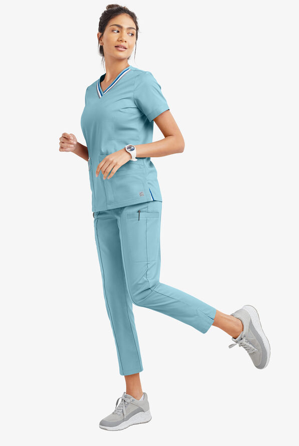 Butter-Soft STRETCH Women's 6-Pocket Pin-Tuck Crop Slim with Sport Trim Detail Scrub Pants - Dew Drop/Silver Melange - 5