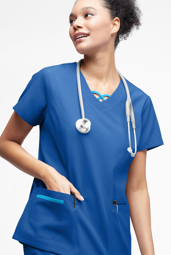Blusa médica Butter-Soft Originals con cuello entrecruzado en contraste y 3 bolsillos para mujer - Royal/Turquoise - 2