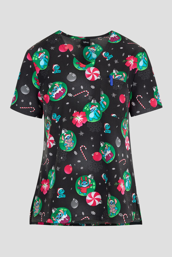 Tooniforms Disney's Baubles And Bulbs Women's 1-Pocket STRETCH V-Neck Print Scrub Top - null - 1