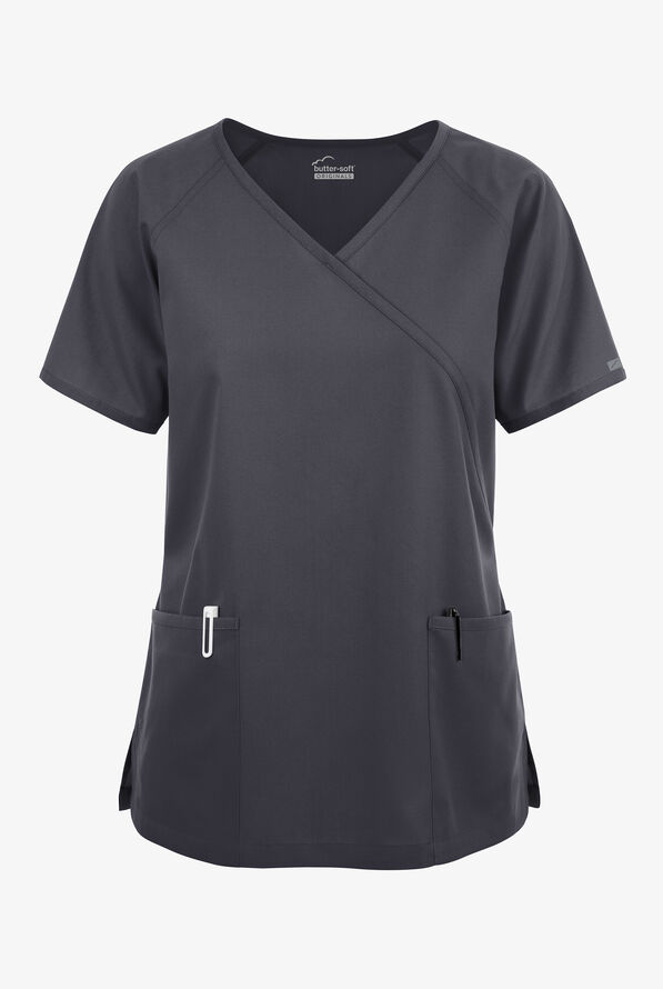 Blusa médica Butter-Soft Originals estilo cruzado con 3 bolsillos para mujer - Pewter - 1