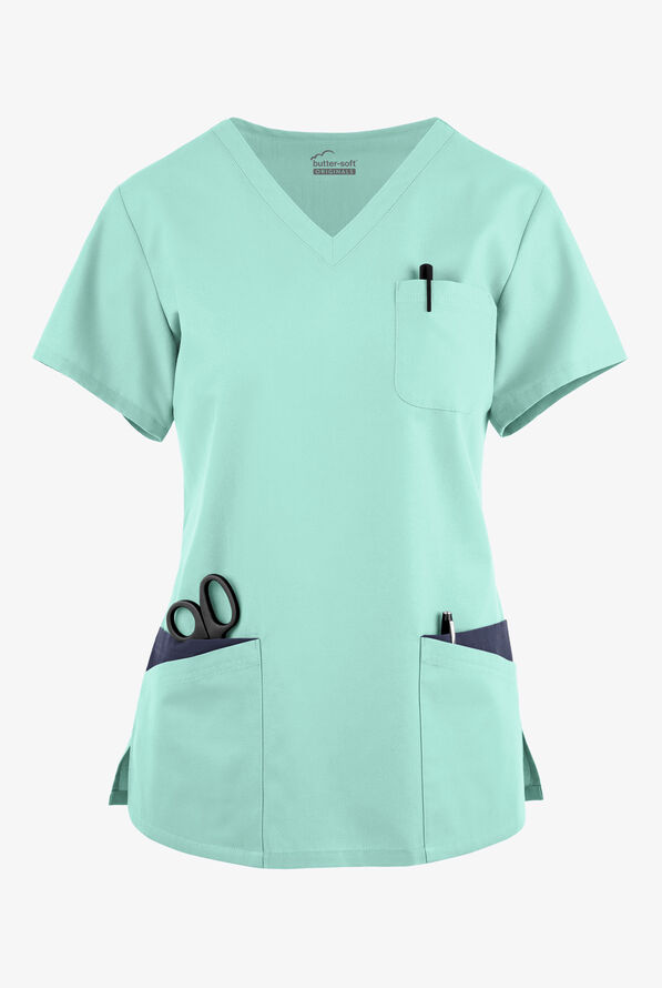 Butter-Soft Originals Women's 7-Pocket Rounded V-Neck Scrub Top - Water Mint/Navy - 1