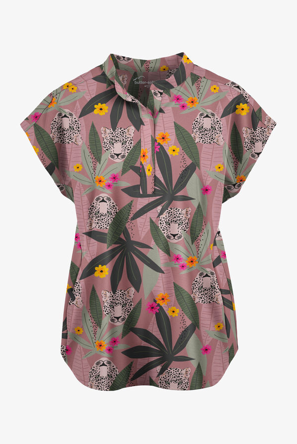 Butter-Soft STRETCH Exotic Jungle Women's 2-Pocket Oversized Dolman Sleeve Print Scrub Top - null - 1
