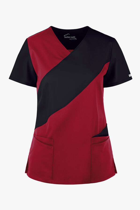 Butter-Soft STRETCH Women's 5-Pocket Asymmetric Scrub Top - Ruby/Black - 1