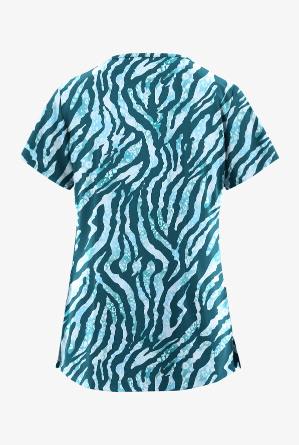 Butter-Soft STRETCH Tiger Fantasy Caribbean Blue Women's 3-Pocket V-Neck Mock Wrap Print Scrub Top - null - 2