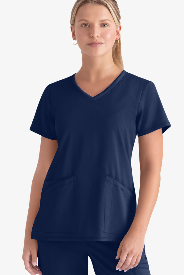 Grey's Anatomy by Barco Spandex STRETCH Serena Women's 3-Pocket V-Neck Scrub Top - Indigo - 2