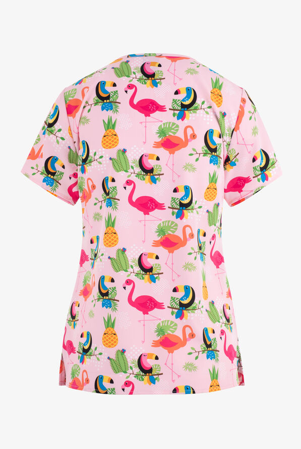 Zoe & Chloe Flamingo Stop Women's 2-Pocket STRETCH Notch Neck Print Scrub Top - null - 2