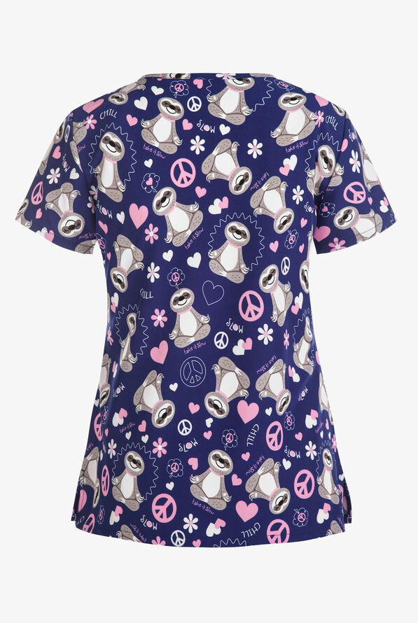 Green Town Zen Sloths Women's 3-Pocket V-Neck Print Scrub Top - null - 2