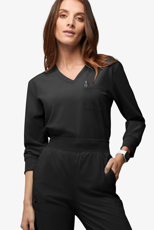 Easy STRETCH Women's Josie 2-Pocket Relaxed 3/4" Sleeve Scrub Top - Onyx Black - 2