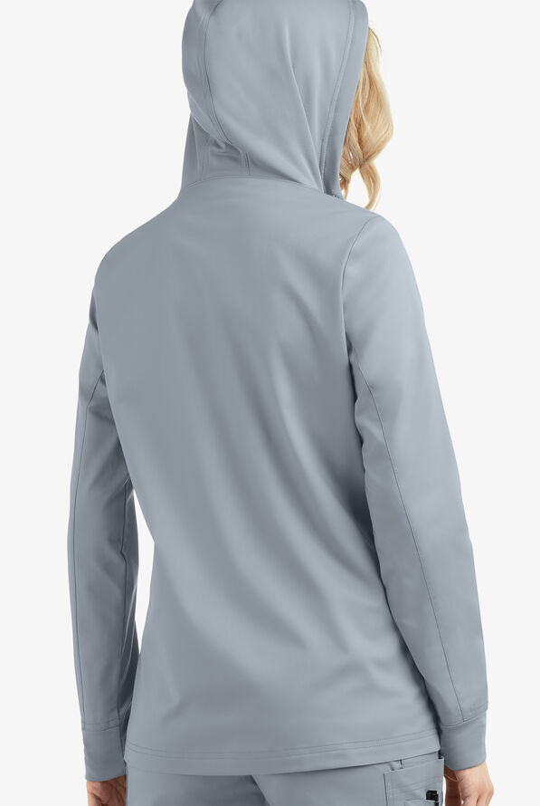 Butter-Soft STRETCH Women's 3-Pocket Zip-Front with Cozy Knit Hood and Trim Scrub Jacket - Silver - 4