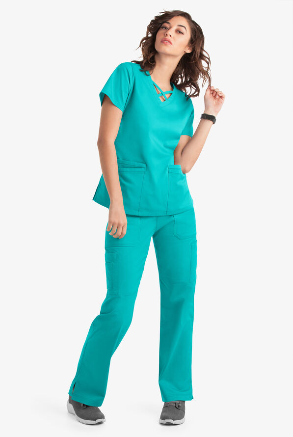 Blusa m&eacute;dica UA Butter-Soft STRETCH con lazos entrecruzados y 4 bolsillos para mujer - Bright Teal - 6