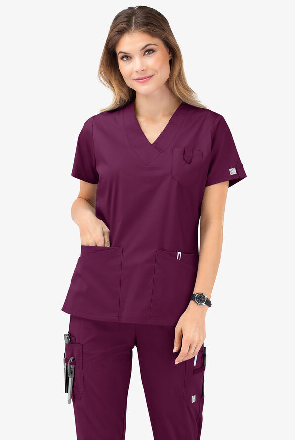 Butter-Soft STRETCH Women's 6-Pocket V-Neck Scrub Top - Wine - 8