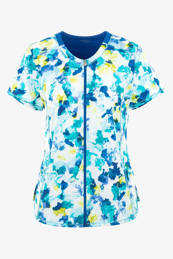 Cherokee Infinity Painterly Perfection Watercolor Women's 4-Pocket STRETCH Round Neck Scrub Top - null - 1