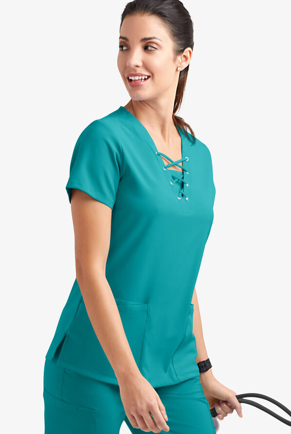 Blusa m&eacute;dica Easy STRETCH Gisele con cordones en el cuello en V y 4 bolsillos para mujer - Teal - 3