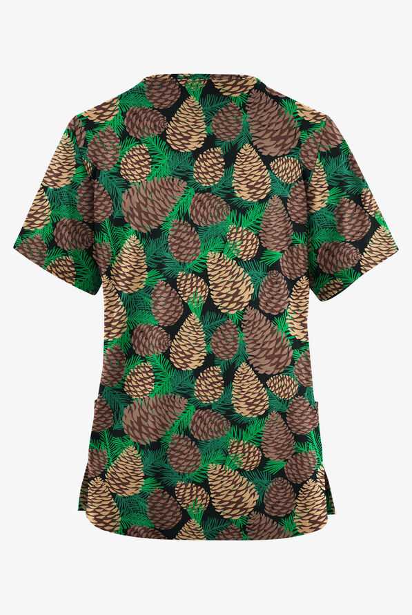 Butter-Soft Originals Winter Pine Cones Women's 2-Pocket Classic Fit V-Neck Print Scrub Top - null - 2