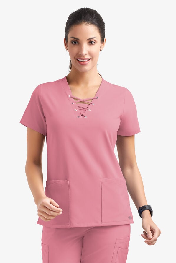 Easy STRETCH Gisele Women's 4-Pocket Lace Up V-Neck Scrub Top - Cashmere Rose - 2