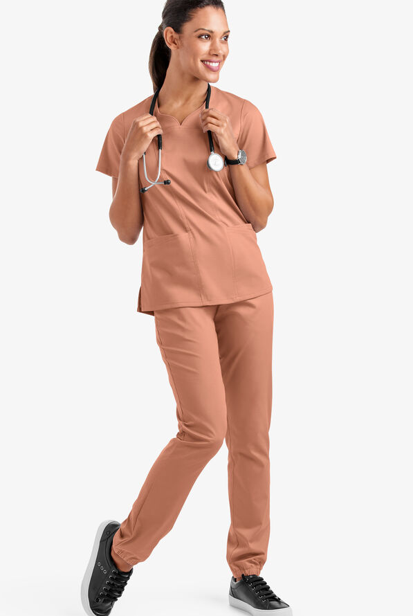Butter-Soft STRETCH Women's 4-Pocket Sweetheart Neck Scrub Top - Terracotta - 2