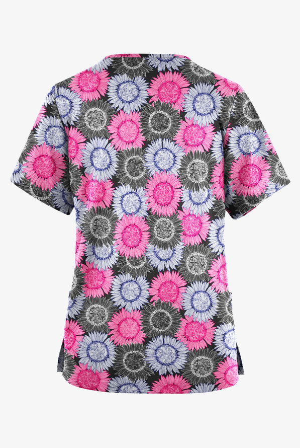 Butter-Soft Originals Sunflower Field  Women's 2-Pocket Classic Fit V-Neck Print Scrub Top - null - 2
