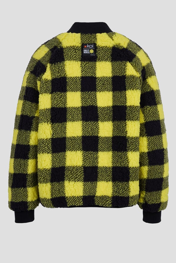 koi Smiley World Two Cool Women's 2-Pocket Reversible Scrub Jacket - Black/Yellow - 2