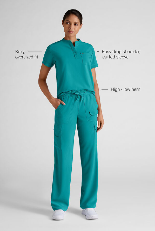Easy STRETCH Bella Women's 1-Pocket Henley Scrub Top - Teal - 3