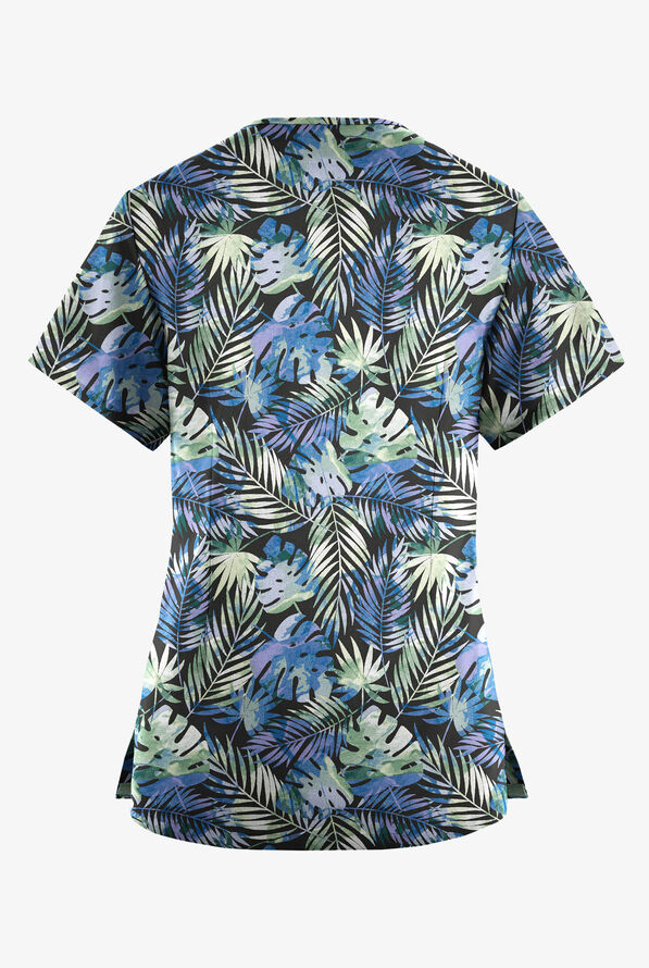 Butter-Soft Originals Tropical Garden Women's 4-Pocket Rounded V-Neck Print Scrub Top - null - 2