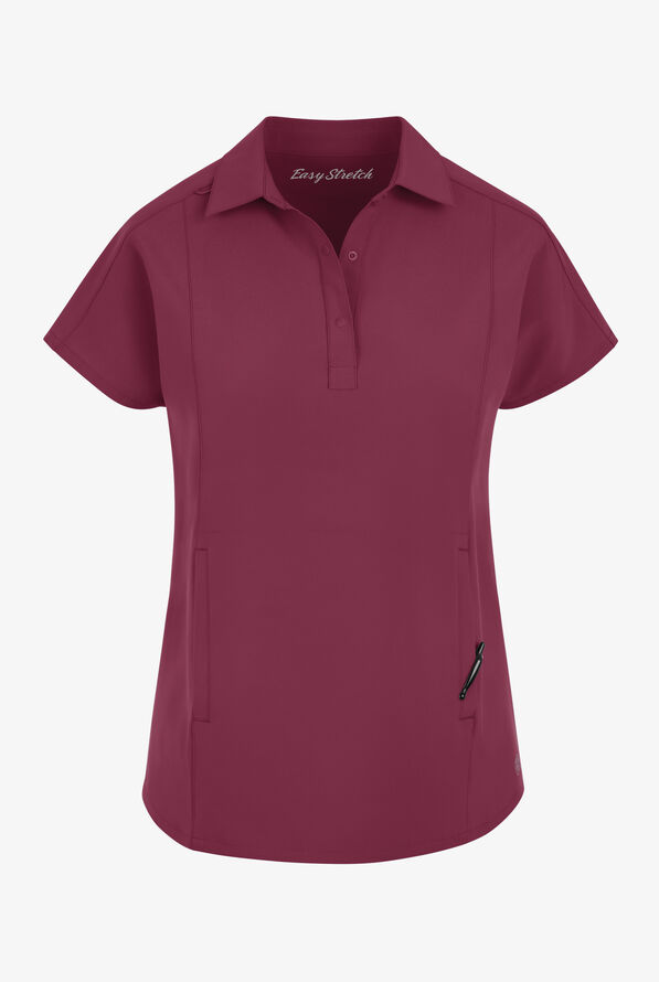 Easy STRETCH LEA Women's 3-Pocket Polo Collar Scrub Top - Wine - 1
